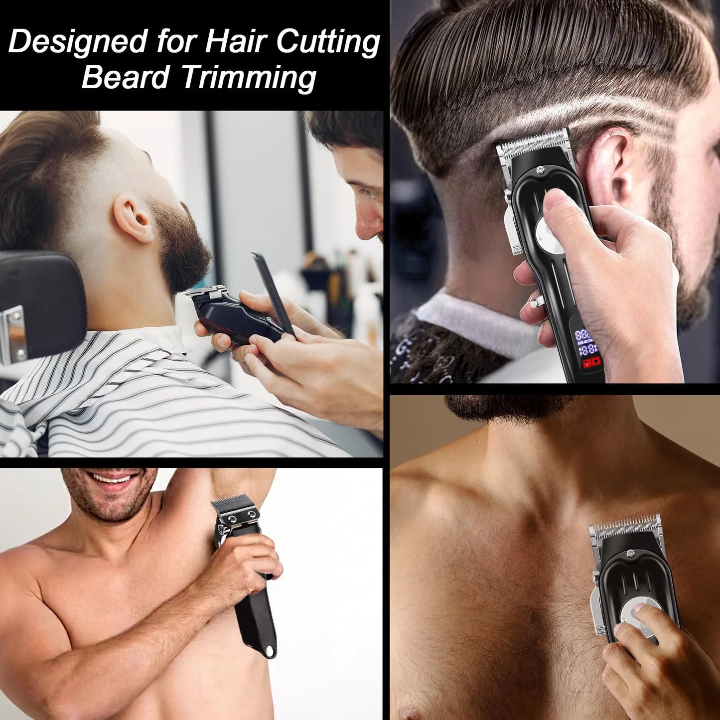 Cordless Metal Hair Clippers for Men, 13Pcs Professional Hair Trimmer Kit,Beard Trimmer, Barber Hair Grooming Kit,Led Display USB Rechargeable-Black