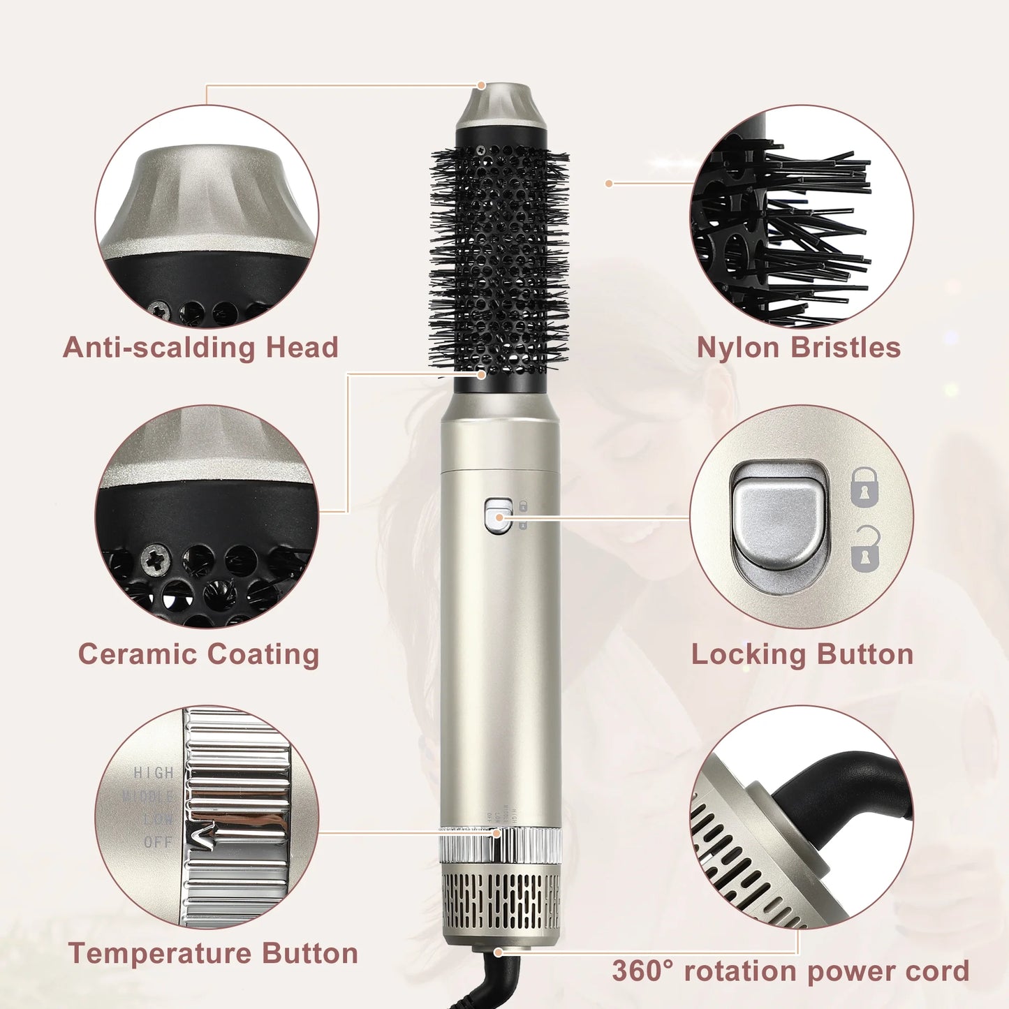 Hot Air Brush 5 in 1 Hair Dryer Brush Blow Dryer Brush Detachable Hair Dryer Styler Set Champagne