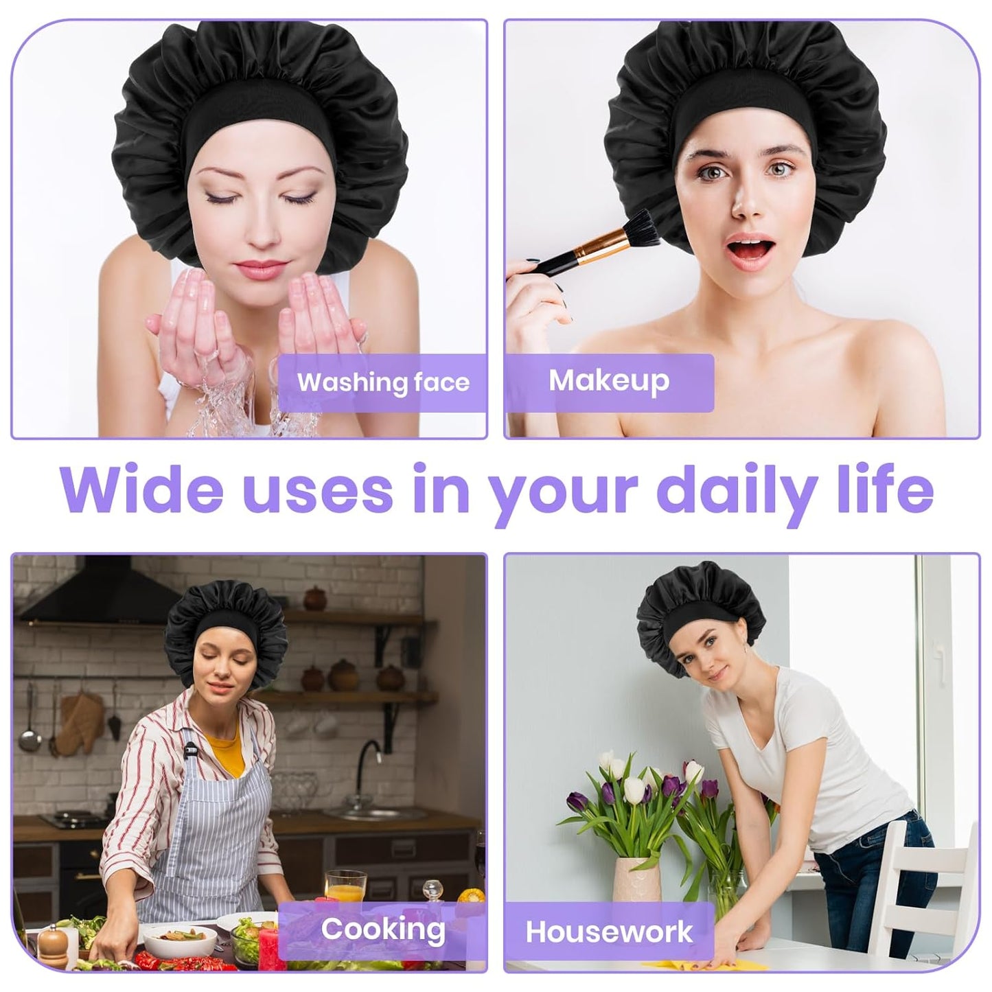 Silk Bonnet for Men, Satin Bonnet Double Layer Elastic Band Silk Sleep Cap Black Soft Adjustable Hair Cap Hair Wrap Large Bonnets for Women Sleeping