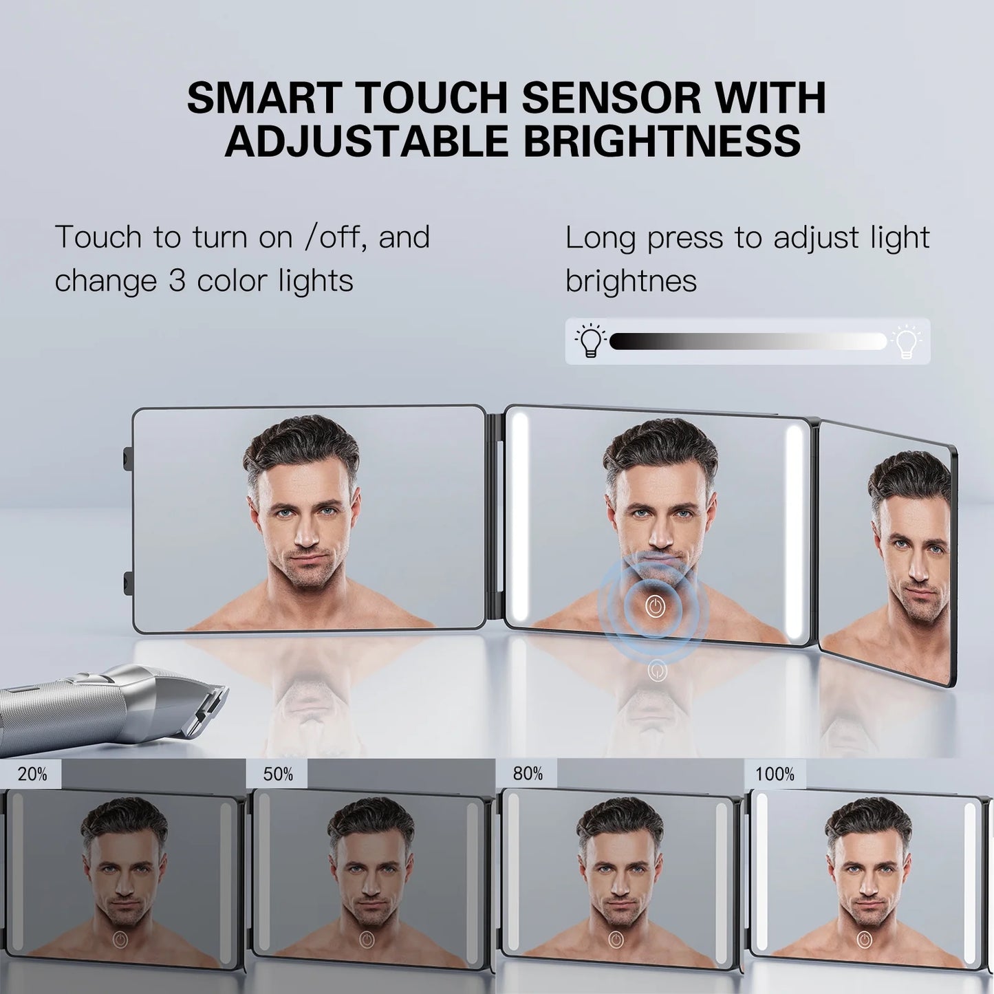 3 Way Mirror,360 Mirror for Hair Cutting, 3 Color Light Makeup Mirror for Hair Styling and Shaving, Height and Light Adjustable