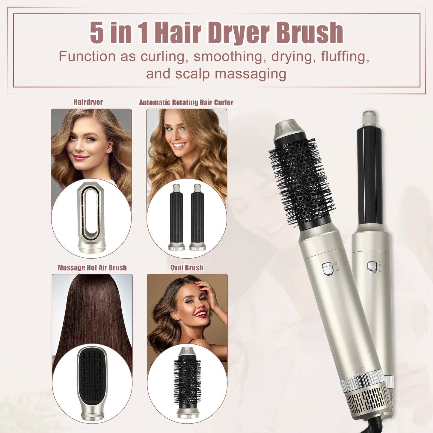 Hot Air Brush 5 in 1 Hair Dryer Brush Blow Dryer Brush Detachable Hair Dryer Styler Set Champagne