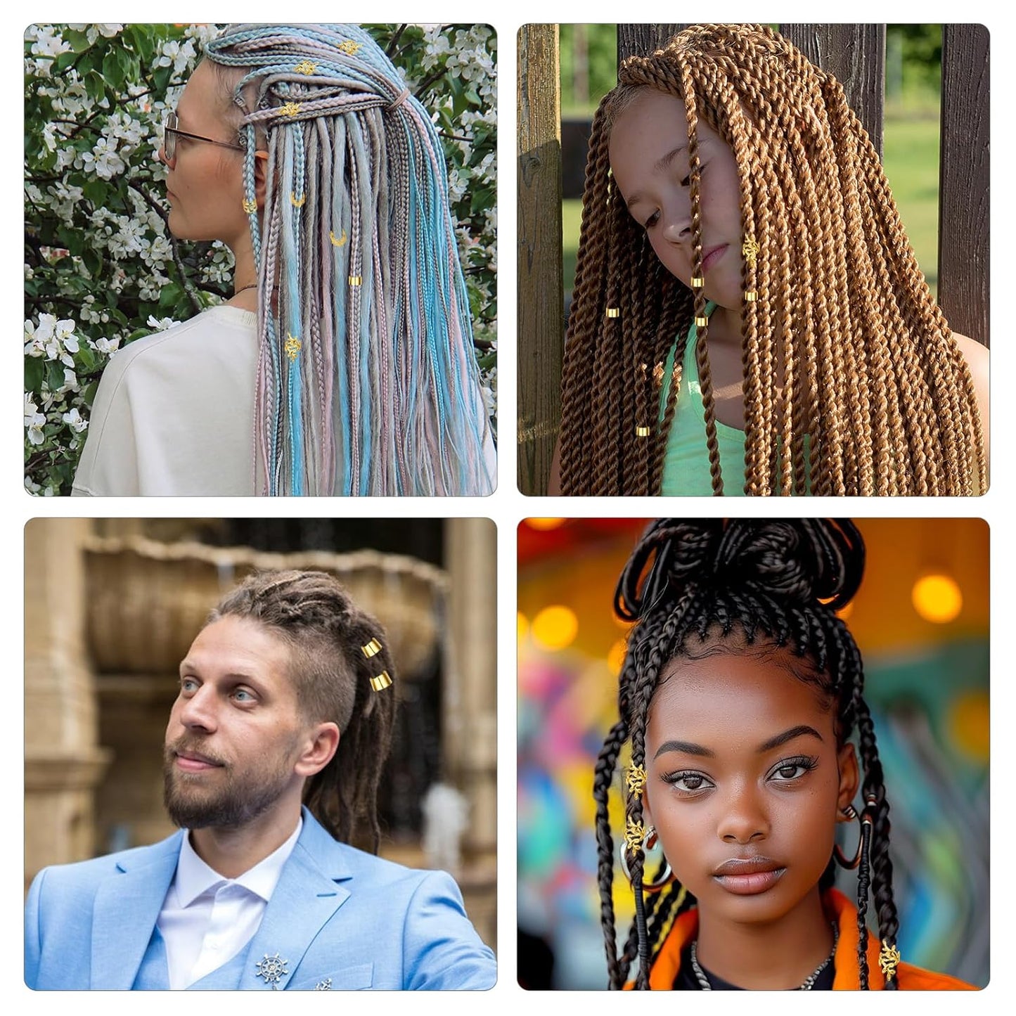 50-Piece Gold Dreadlock Beads and Hair Jewelry Set for Braids and Locs, Adjustable Hair Cuffs and Rings for Men and Women