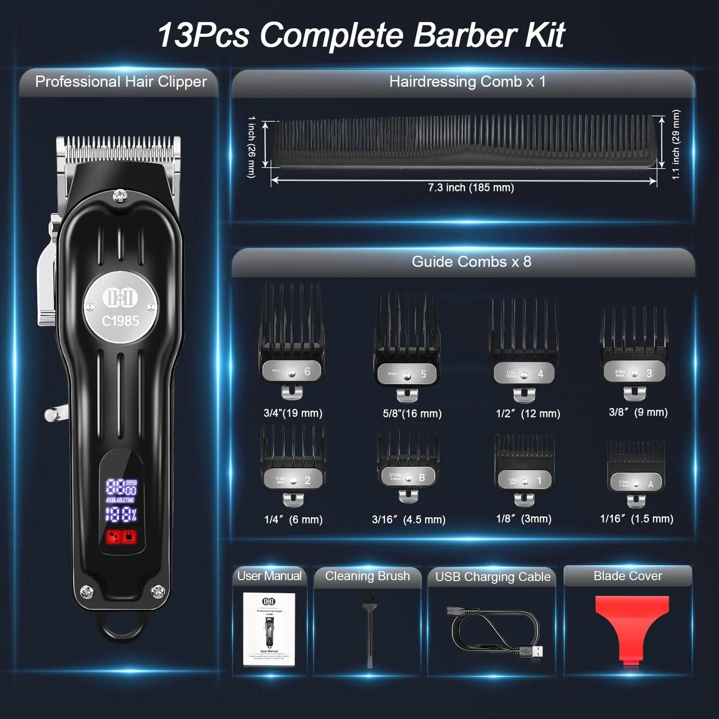 Cordless Metal Hair Clippers for Men, 13Pcs Professional Hair Trimmer Kit,Beard Trimmer, Barber Hair Grooming Kit,Led Display USB Rechargeable-Black
