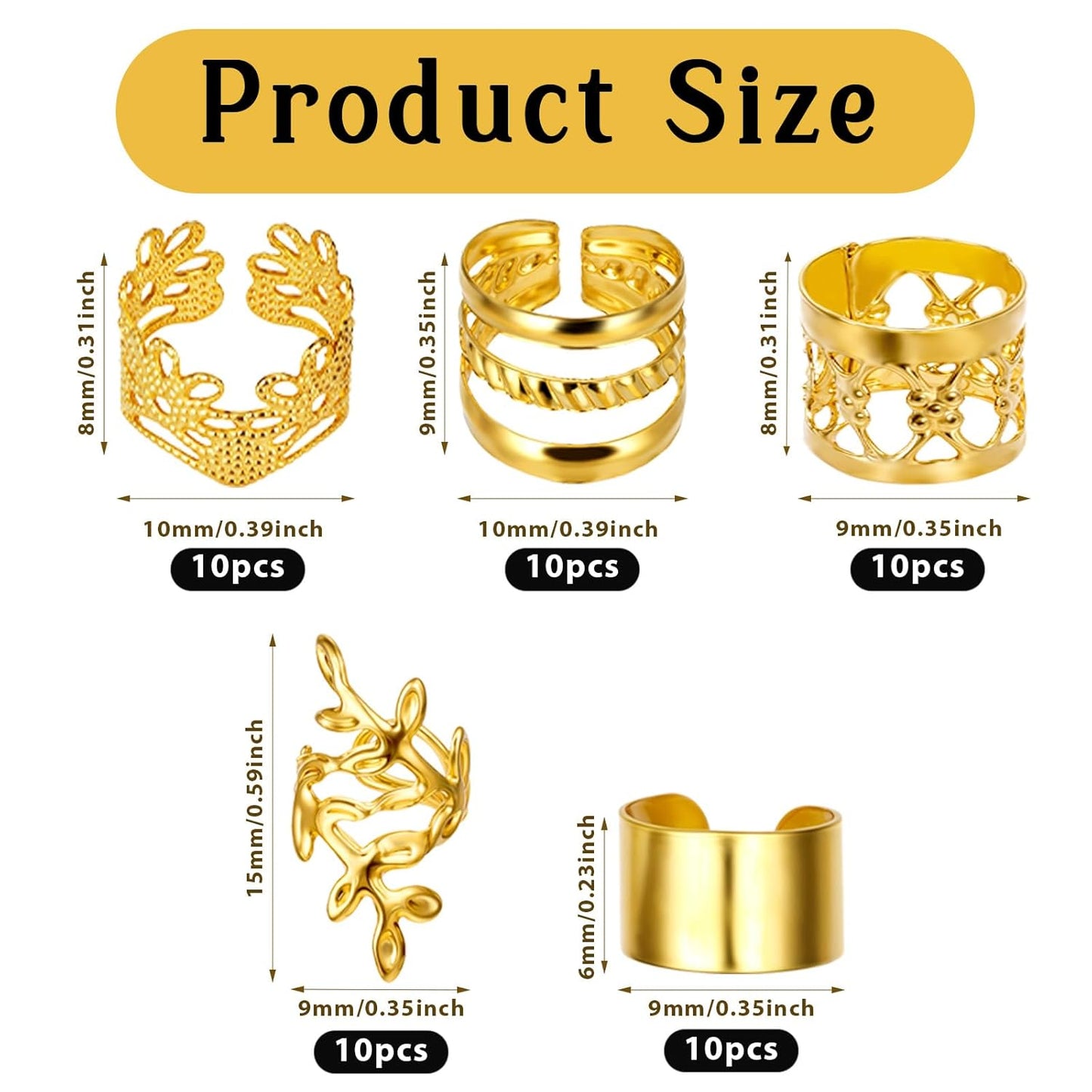 50-Piece Gold Dreadlock Beads and Hair Jewelry Set for Braids and Locs, Adjustable Hair Cuffs and Rings for Men and Women