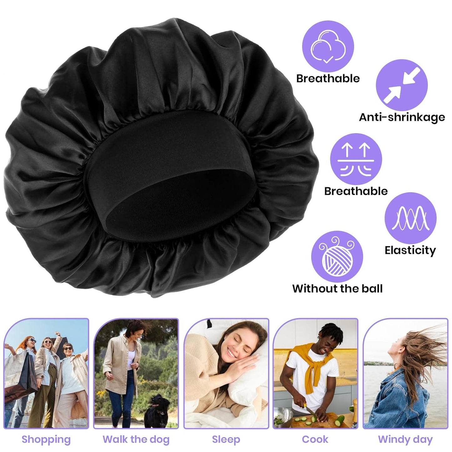 Silk Bonnet for Men, Satin Bonnet Double Layer Elastic Band Silk Sleep Cap Black Soft Adjustable Hair Cap Hair Wrap Large Bonnets for Women Sleeping
