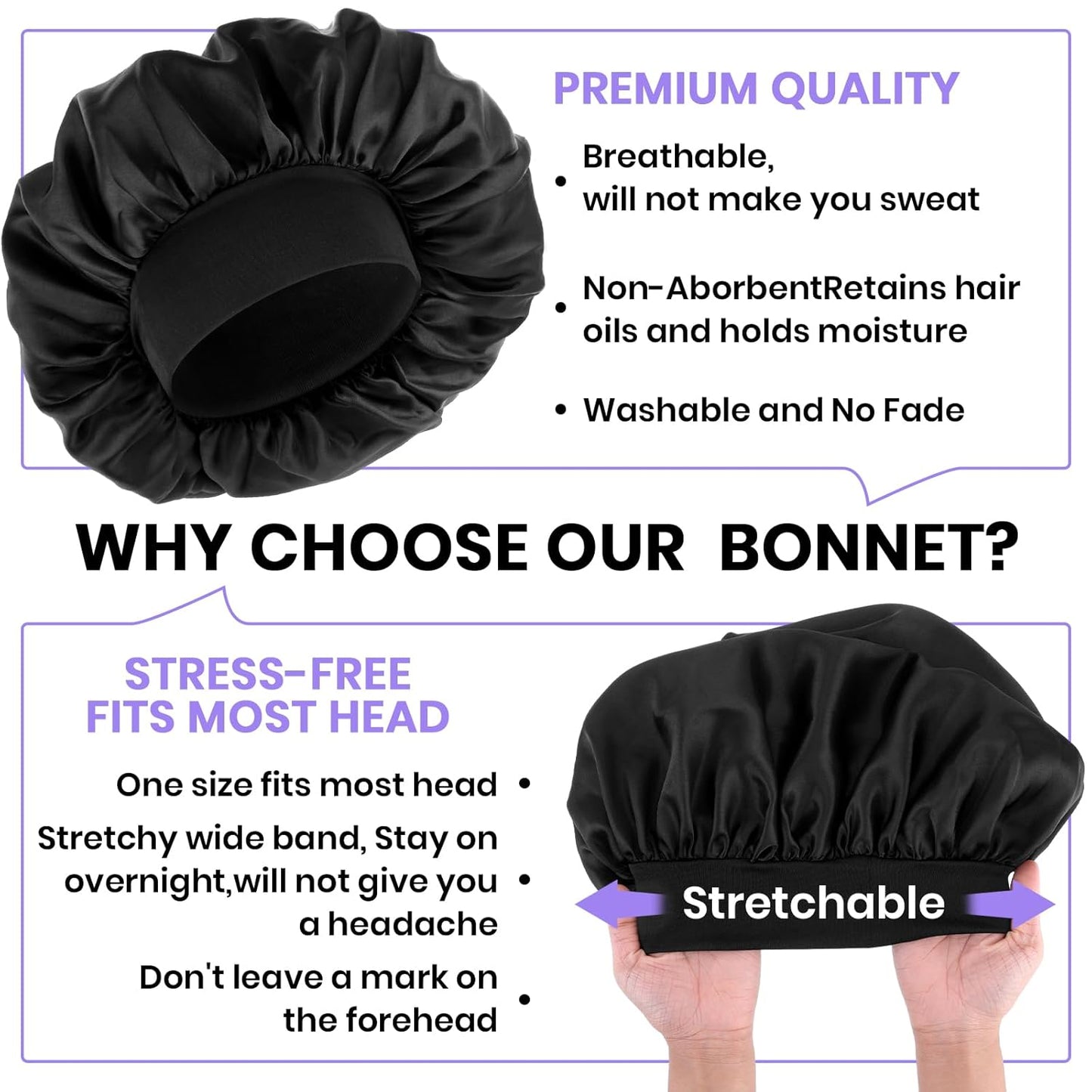 Silk Bonnet for Men, Satin Bonnet Double Layer Elastic Band Silk Sleep Cap Black Soft Adjustable Hair Cap Hair Wrap Large Bonnets for Women Sleeping