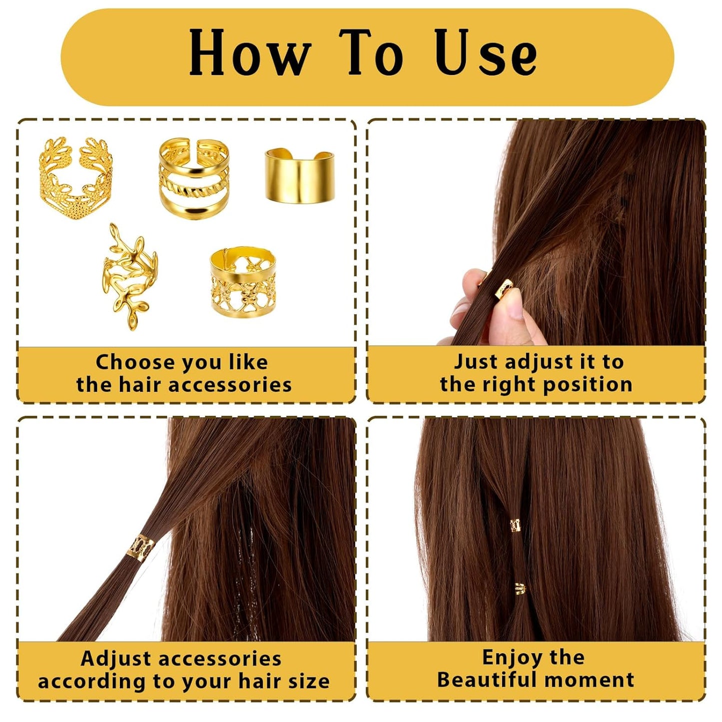 50-Piece Gold Dreadlock Beads and Hair Jewelry Set for Braids and Locs, Adjustable Hair Cuffs and Rings for Men and Women