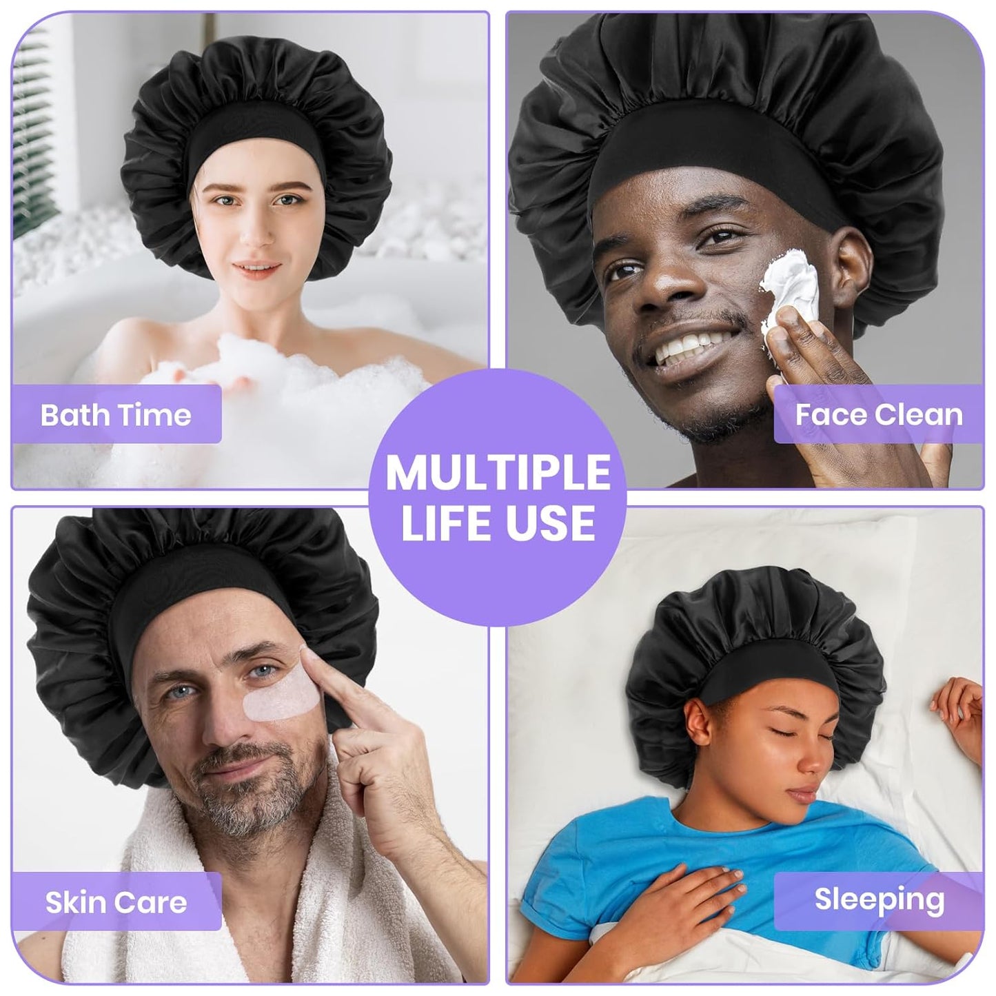 Silk Bonnet for Men, Satin Bonnet Double Layer Elastic Band Silk Sleep Cap Black Soft Adjustable Hair Cap Hair Wrap Large Bonnets for Women Sleeping