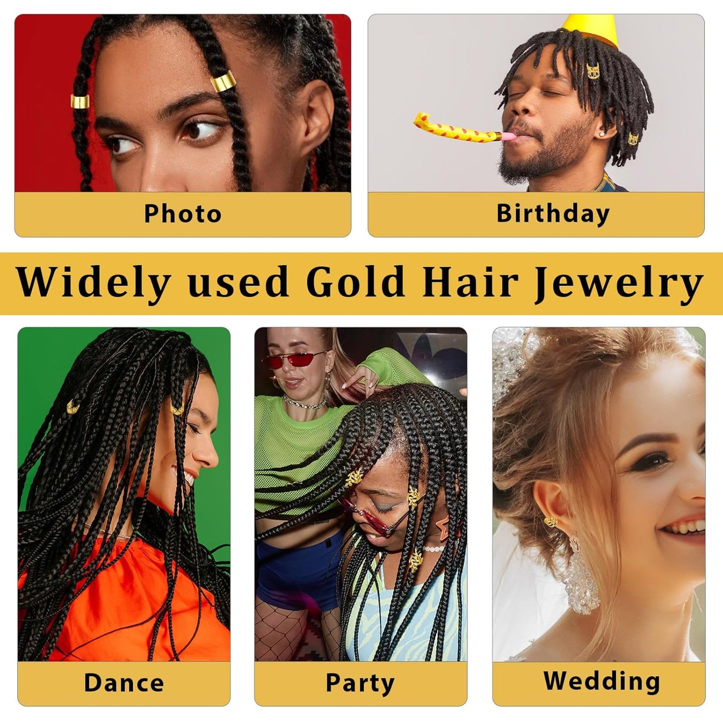 50-Piece Gold Dreadlock Beads and Hair Jewelry Set for Braids and Locs, Adjustable Hair Cuffs and Rings for Men and Women