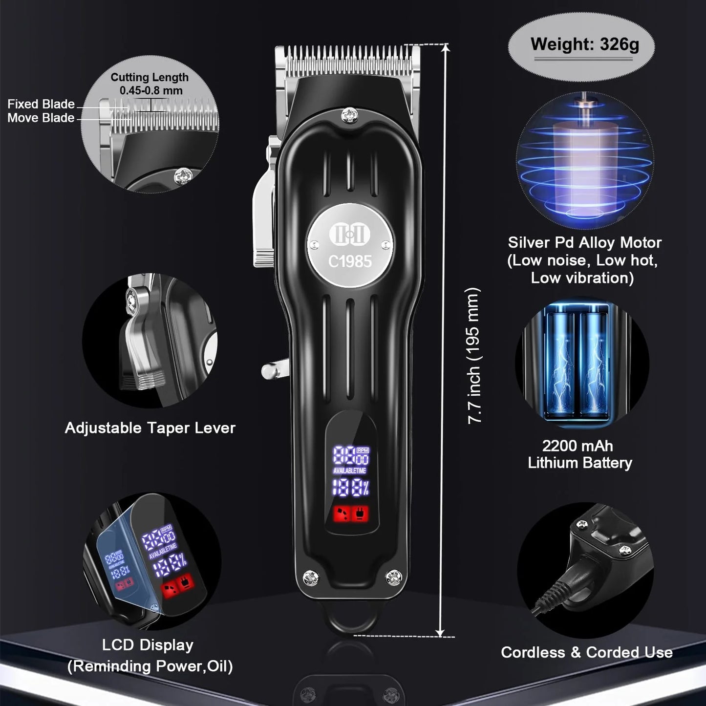 Cordless Metal Hair Clippers for Men, 13Pcs Professional Hair Trimmer Kit,Beard Trimmer, Barber Hair Grooming Kit,Led Display USB Rechargeable-Black