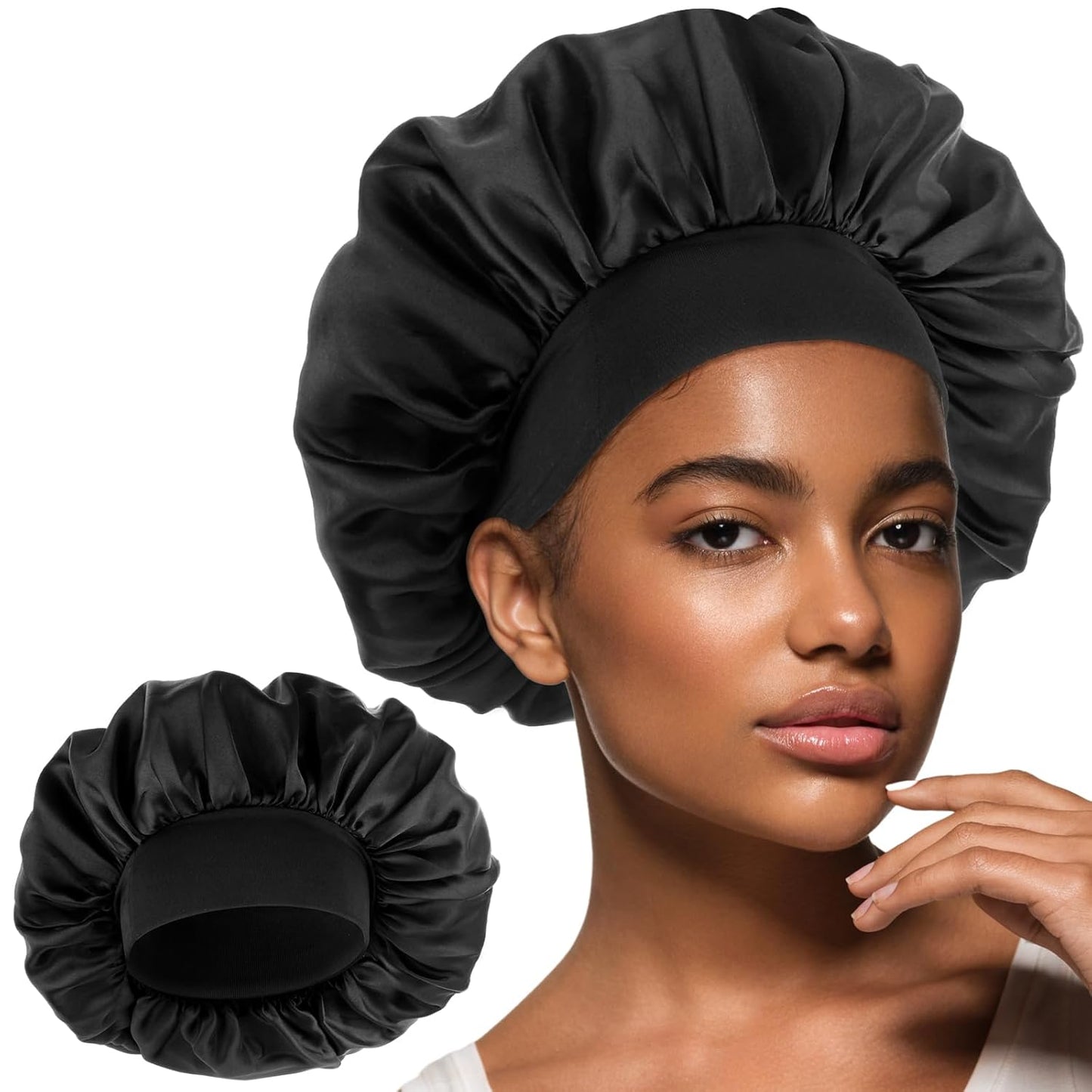 Silk Bonnet for Men, Satin Bonnet Double Layer Elastic Band Silk Sleep Cap Black Soft Adjustable Hair Cap Hair Wrap Large Bonnets for Women Sleeping