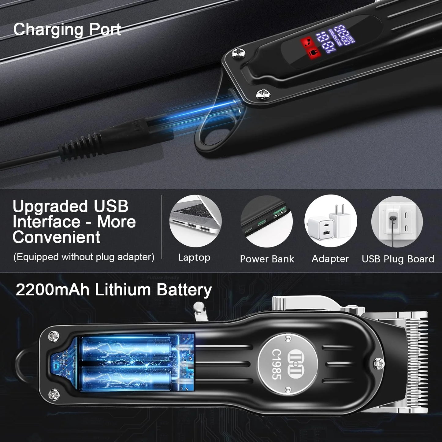 Cordless Metal Hair Clippers for Men, 13Pcs Professional Hair Trimmer Kit,Beard Trimmer, Barber Hair Grooming Kit,Led Display USB Rechargeable-Black