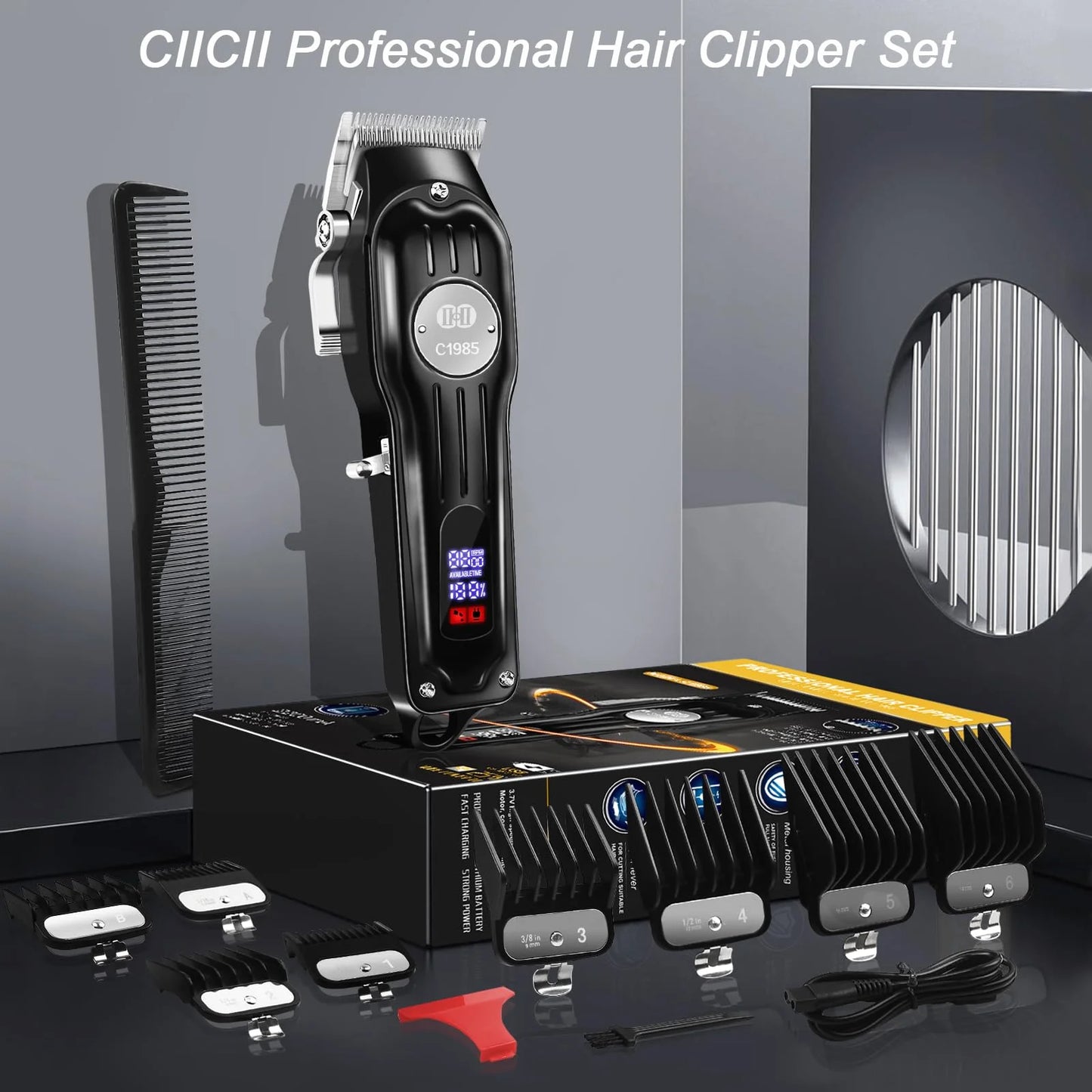 Cordless Metal Hair Clippers for Men, 13Pcs Professional Hair Trimmer Kit,Beard Trimmer, Barber Hair Grooming Kit,Led Display USB Rechargeable-Black