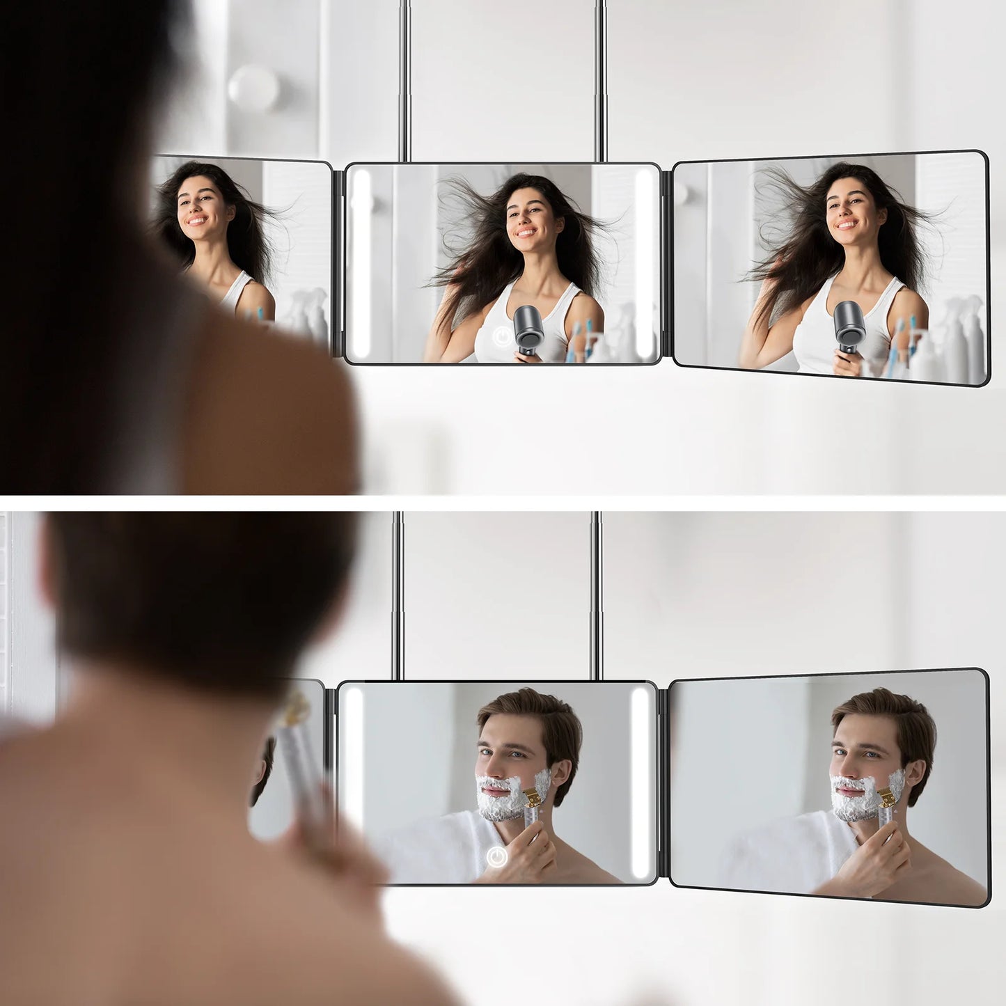 3 Way Mirror,360 Mirror for Hair Cutting, 3 Color Light Makeup Mirror for Hair Styling and Shaving, Height and Light Adjustable