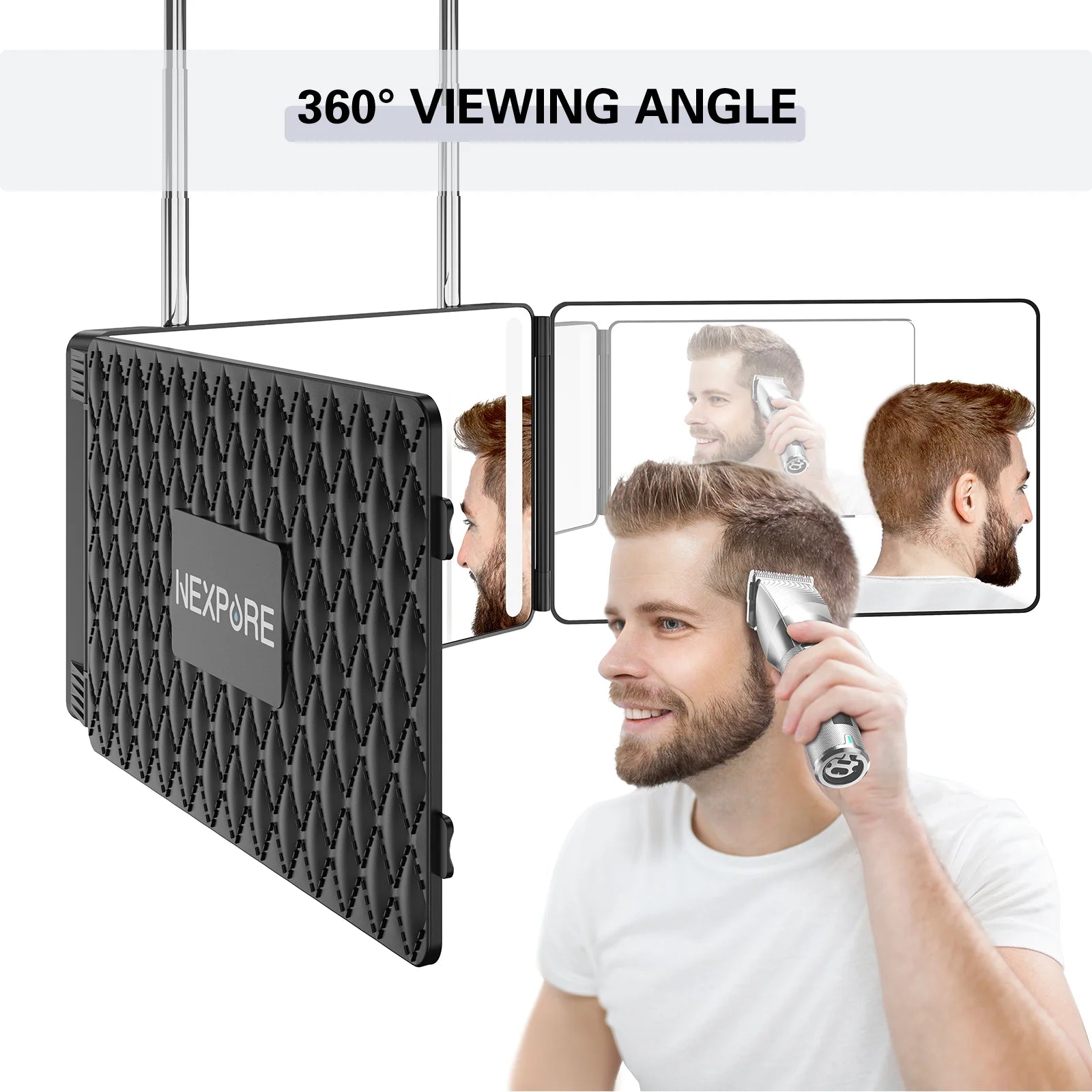 3 Way Mirror,360 Mirror for Hair Cutting, 3 Color Light Makeup Mirror for Hair Styling and Shaving, Height and Light Adjustable
