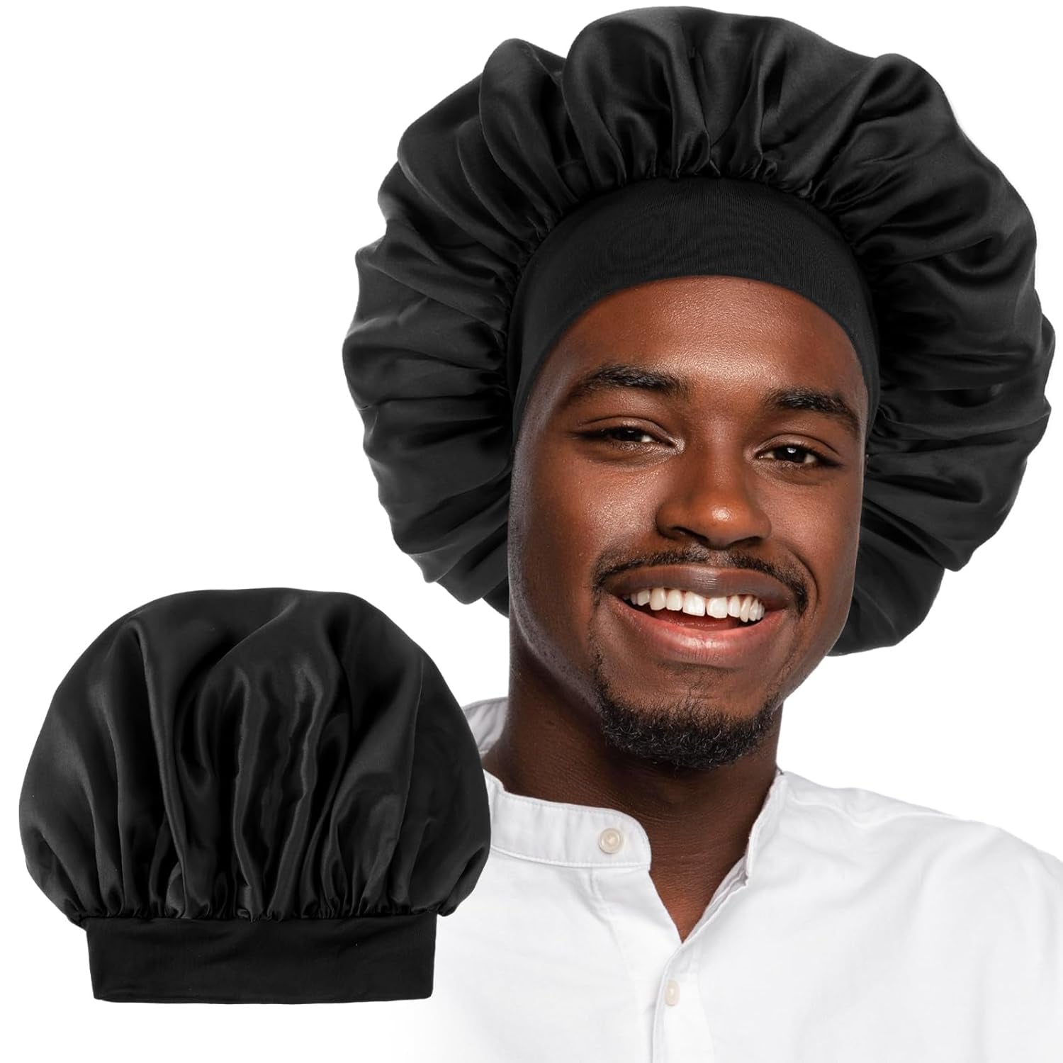 Silk Bonnet for Men, Satin Bonnet Double Layer Elastic Band Silk Sleep Cap Black Soft Adjustable Hair Cap Hair Wrap Large Bonnets for Women Sleeping