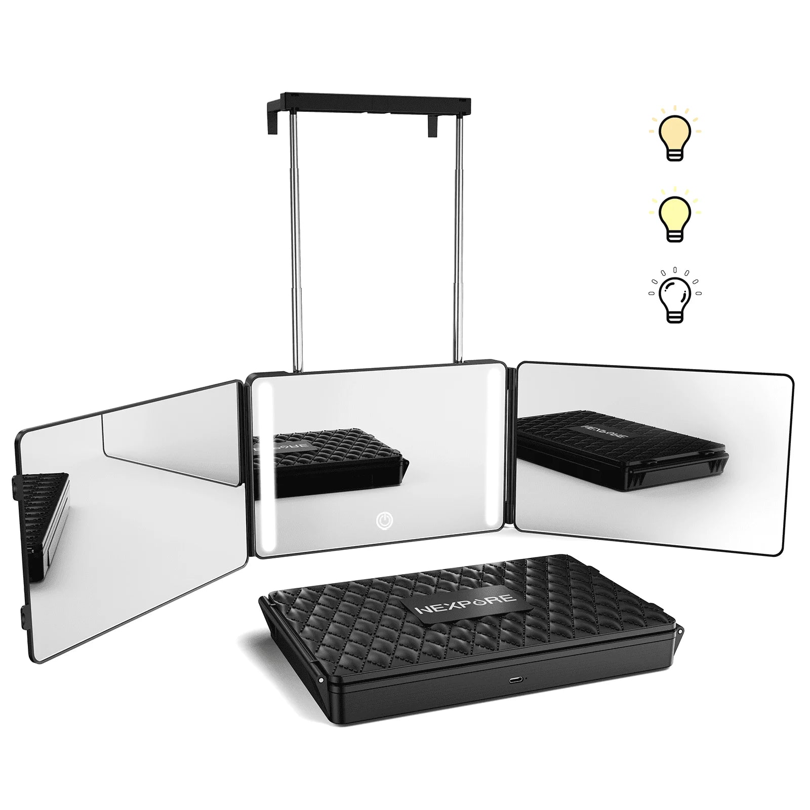 3 Way Mirror,360 Mirror for Hair Cutting, 3 Color Light Makeup Mirror for Hair Styling and Shaving, Height and Light Adjustable