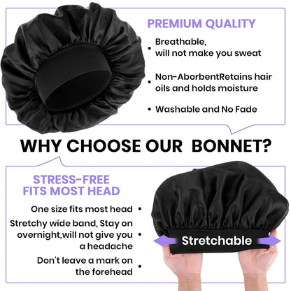 Silk Bonnet for Men, Satin Bonnet Double Layer Elastic Band Silk Sleep Cap Black Soft Adjustable Hair Cap Hair Wrap Large Bonnets for Women Sleeping