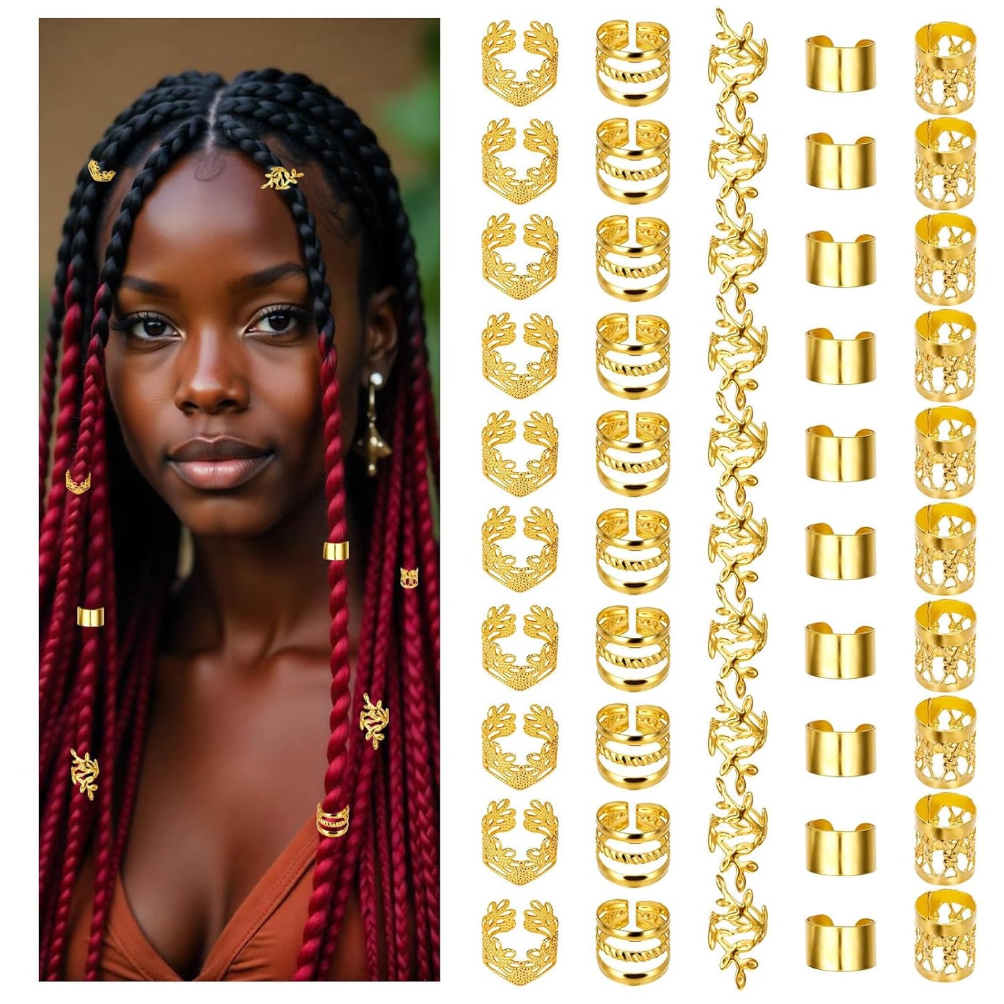 50-Piece Gold Dreadlock Beads and Hair Jewelry Set for Braids and Locs, Adjustable Hair Cuffs and Rings for Men and Women